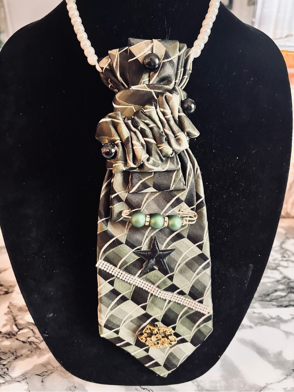 Elegant Olive Green Patterned Statement Tie Necklace